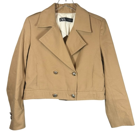 Zara Jackets & Blazers - ZARA Women's Medium Tan Double Breasted Cropped Jacket Gold Buttons